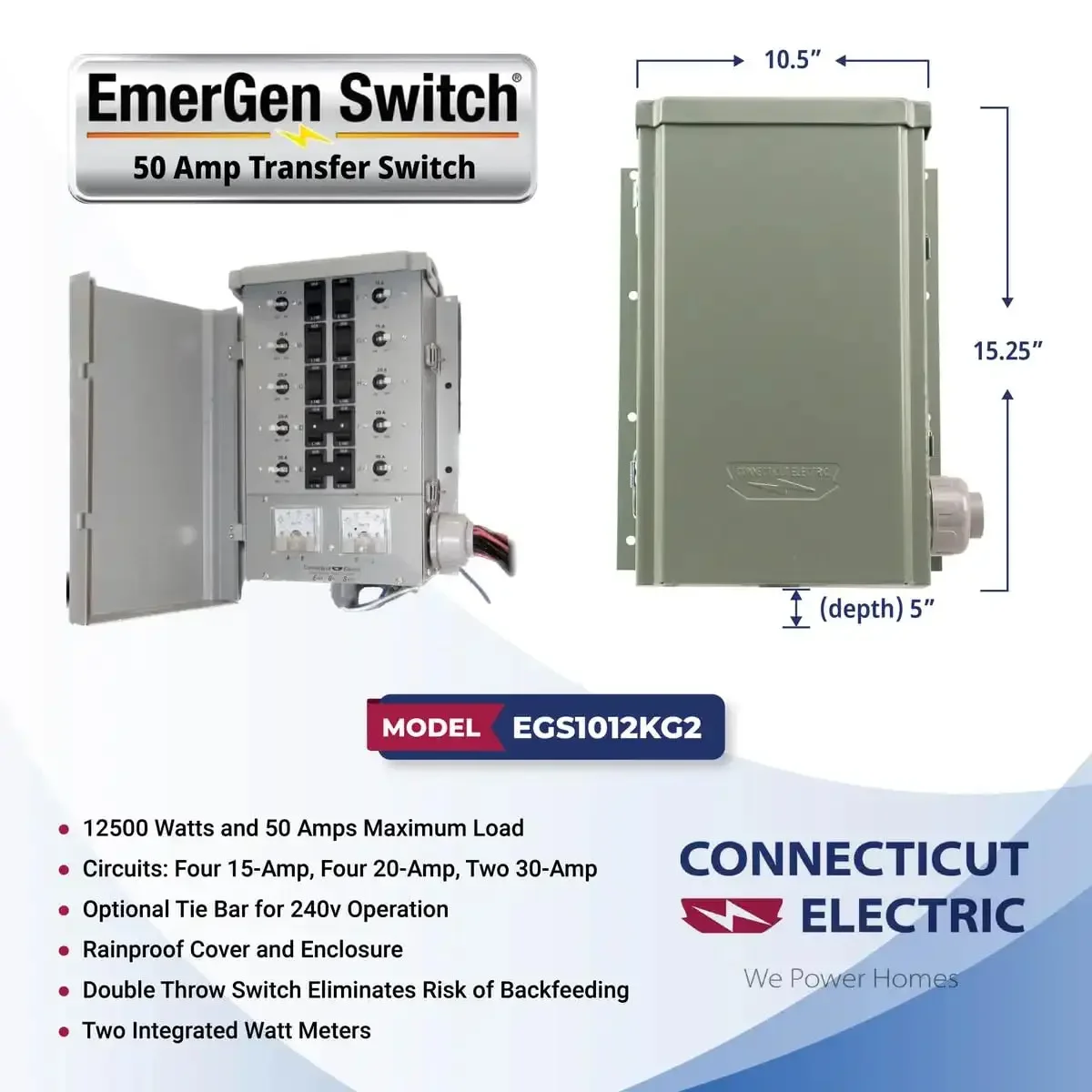 Interruttore di trasferimento elettrico di emergenza Connecticut - 50 A, 10 circuiti, 12500 Watt, per generatore