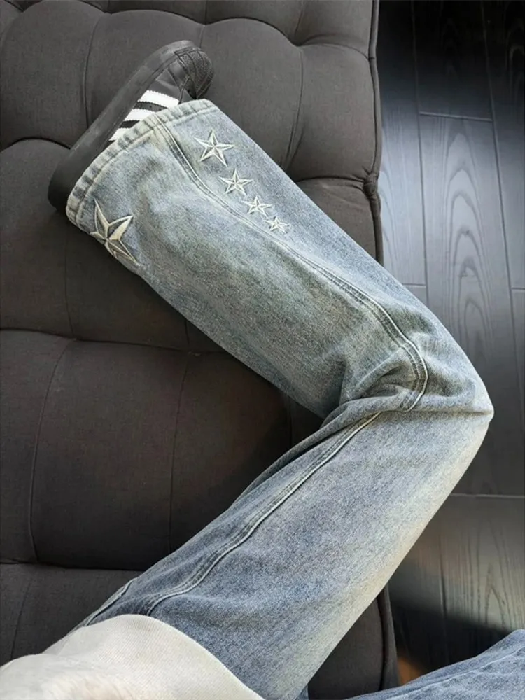 

Low Waist Fce Lined Embroidered Straight Leg Jeans Men's Autumn Winter Trendy Loose Micro Flared American High Street Vibe...