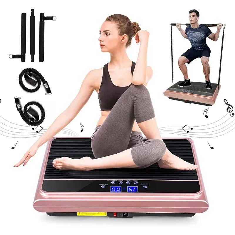 

Vibration Plate Exercise Machine Whole Body Vibration Platform Machine with Pilates Bar Resistance Bands for Home Fitness