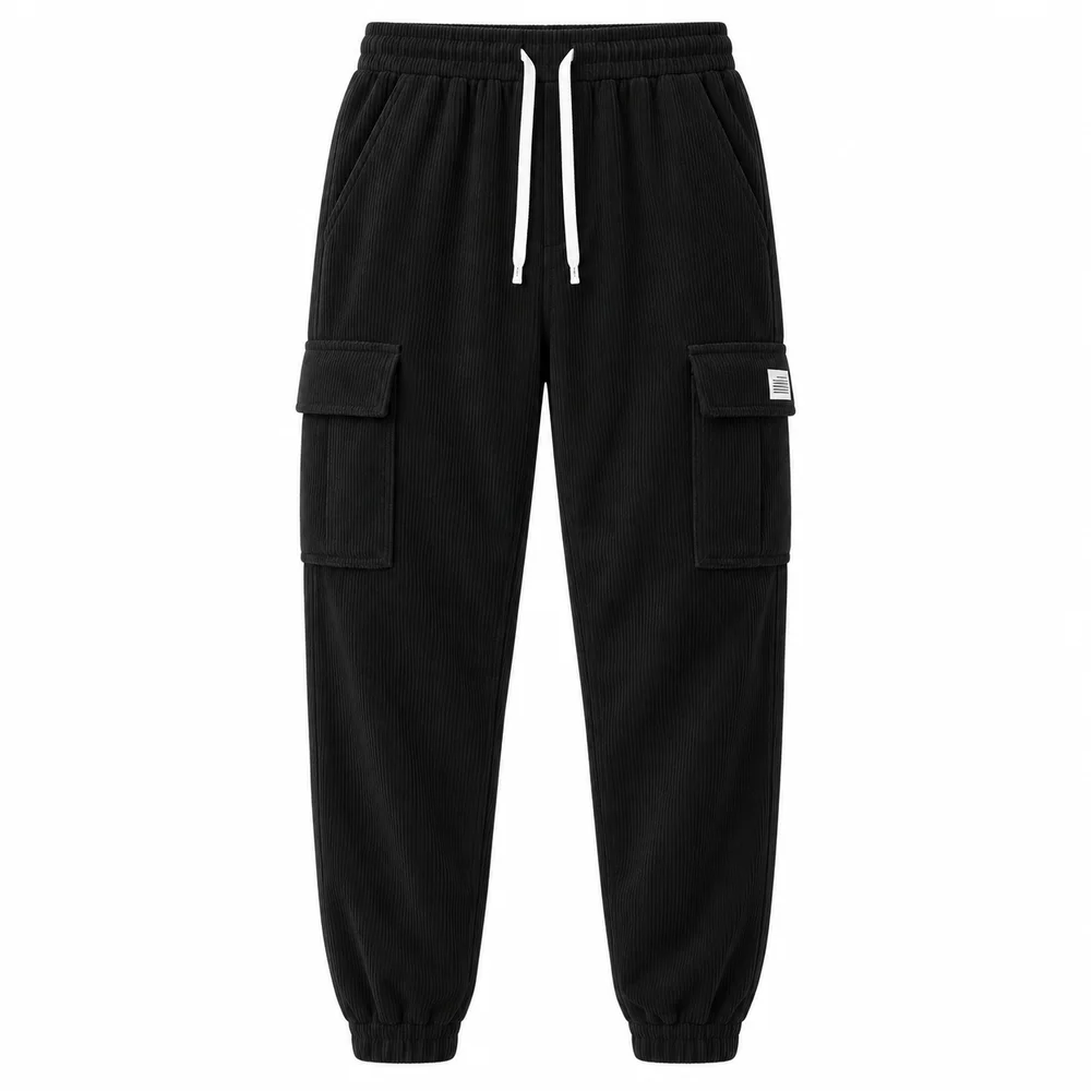 Men's Lightweight Corduroy Cargo Pants Relaxed Fit Drawstring Waist Jogger Straight Hem Streetwear