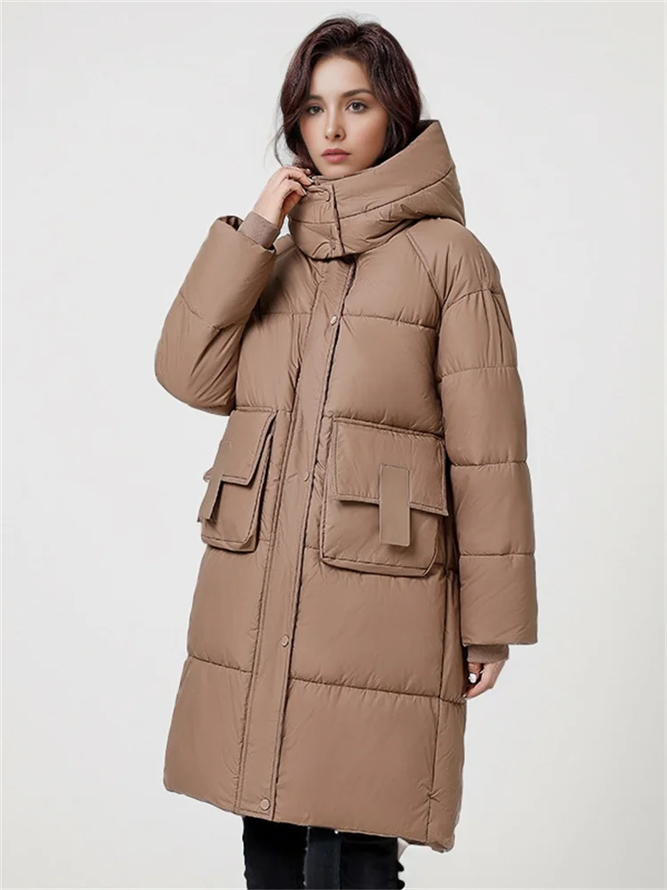 Caldo piumino donna Oversize cappotto lungo invernale con cappuccio tasche grandi cappotto con cerniera spessa donna 2024 nuovo soprabito invernale