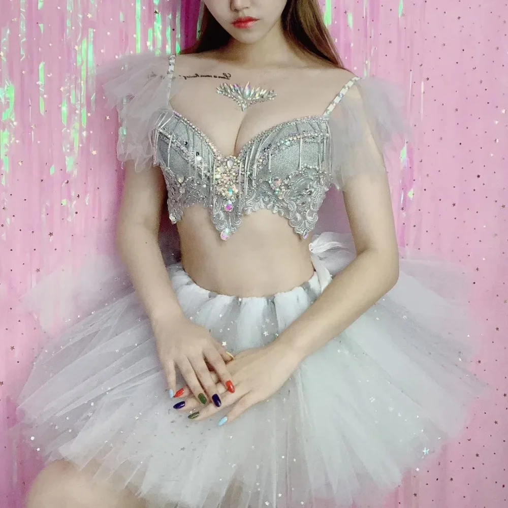 Sliver Shining Rhinestones Beading Bikini Tutu Skirt Nightclub Bar Dancer Sexy Singer Stage Rave Wear Disco Party Festival Wear