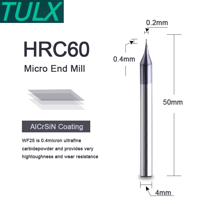 

1PC HRC60 Micro Square End Mill 2 Flutes 0.2-0.9mm TiAIN Micro Flat 4mm Shank Milling Cutter Mirco Carbide CNC Engraving Bit