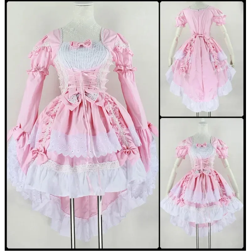 

M L Pink Black Lolita Cosplay Dress Set with Headwear Princess Girl Gothic Maid Cos Clothing Dress for Halloween Women Costumes