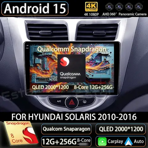 현대 베르나 솔라리스 엑센트 i25 2010-2016용 안드로이드 15 카 라디오 GPS 멀티미디어 플레이어 네비 헤드 유닛 360 카메라 비디오 DSP