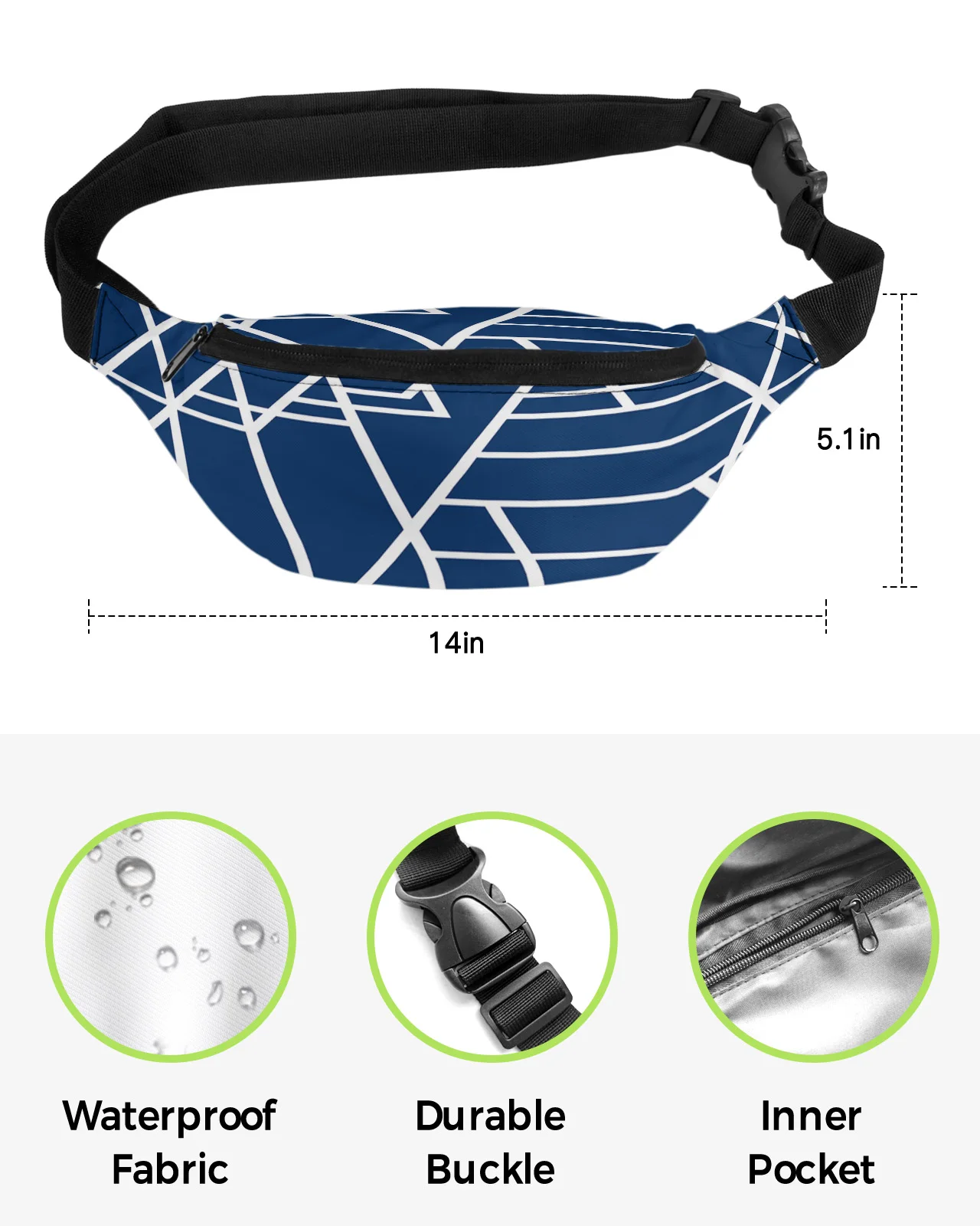 Bolsa de cintura impermeável para homens e mulheres, Fanny Pack, Banana Hip Bags, cinto de telefone grande, textura geométrica, bolsa azul