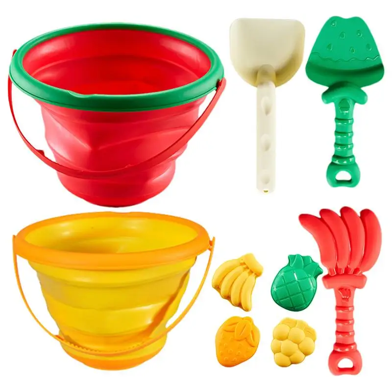 

Beach Toys 8pcs Foldable Beach Bucket Toy Set Fun Shovel Fruit Mold Beach Toys Storage Sand Digging Tool Bucket Sand Toys