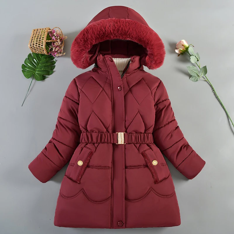 New Winter Keep Warm Girls Jacket Thick Solid Color Fur Collar Hooded Parkas Coat For 4-10 Years Kids Children Outdoor Outerwear