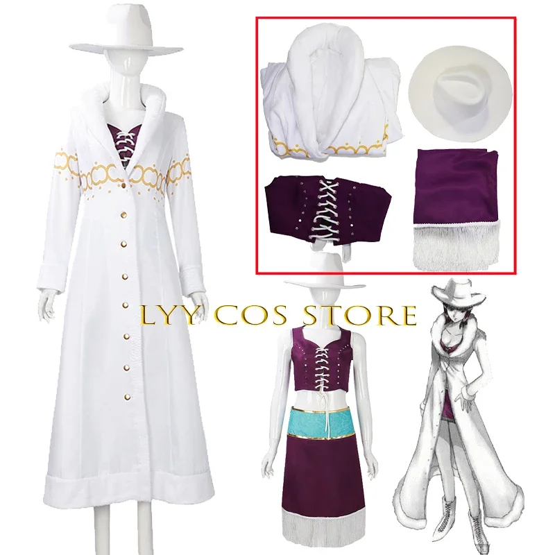 

Nico·Robin Cosplay Anime Miss·Allsunday Costume Sexy White Trench Vest Hat Set Halloween Carnival Suit for Woman