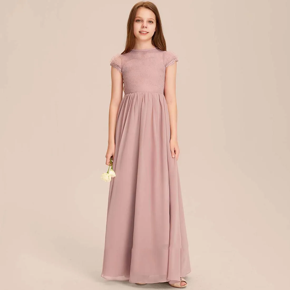 

YZYmanualroom Chiffon Lace Junior Bridesmaid Dress A-line Scoop Floor-Length 2-15T