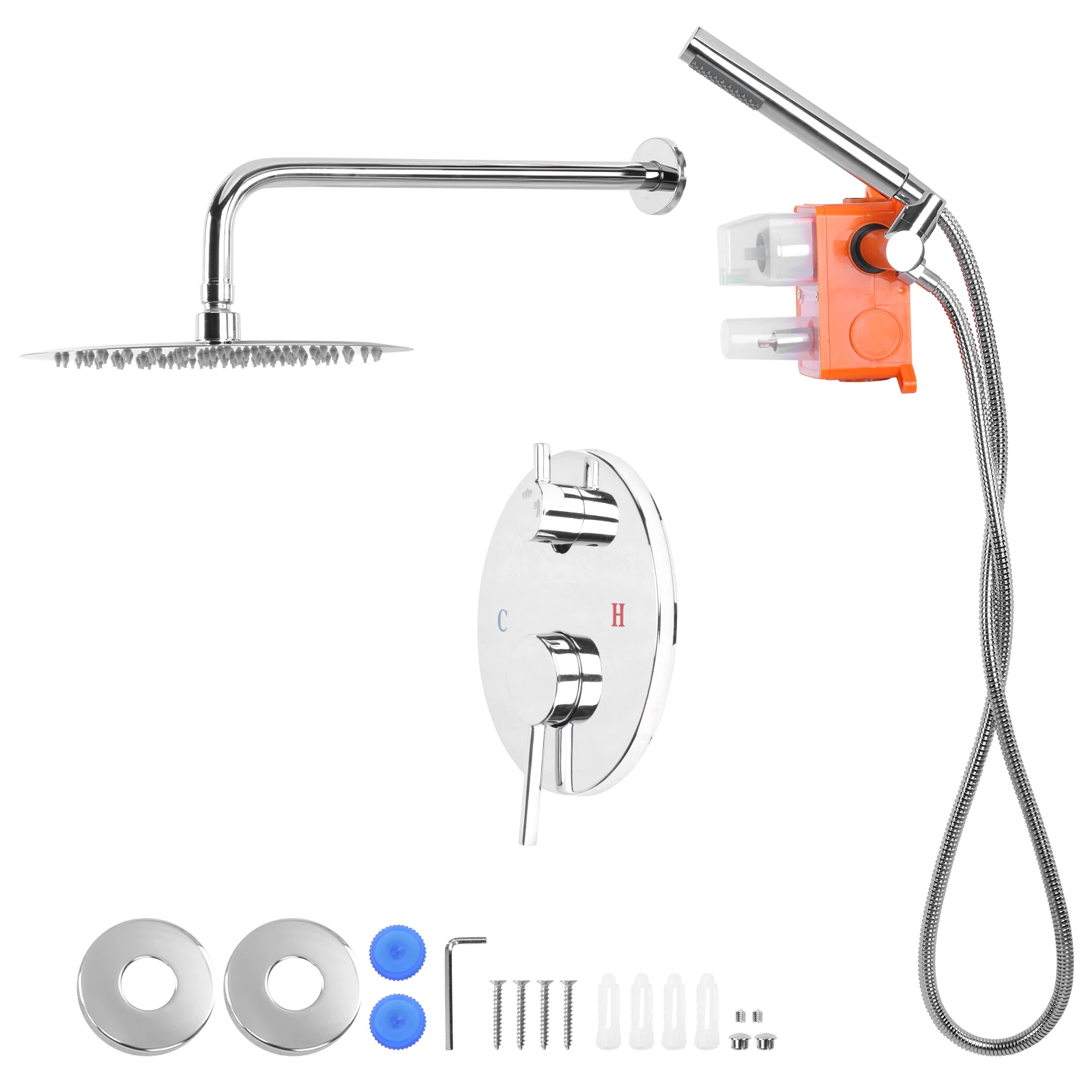 

Двухрежимная круглая душевая система с 10-дюймовой душевой лейкой и ручным смесителем, с встраиваемым клапаном для жесткой воды