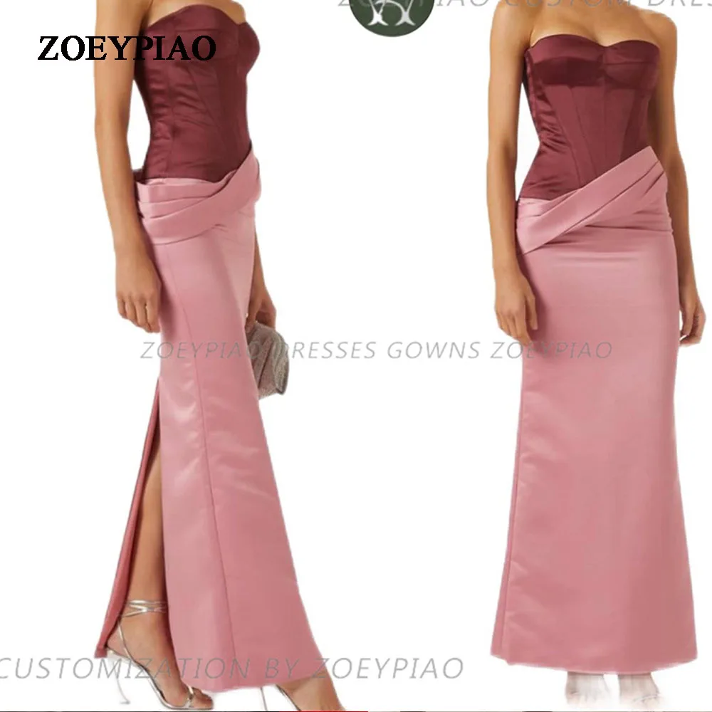 Sexy Rood/Roze Satijnen Rug Split Prom Dresses Plooi Lange Mouwloze Custom Casual Formele Avondjurk Vrouwen Feestjurken 2024