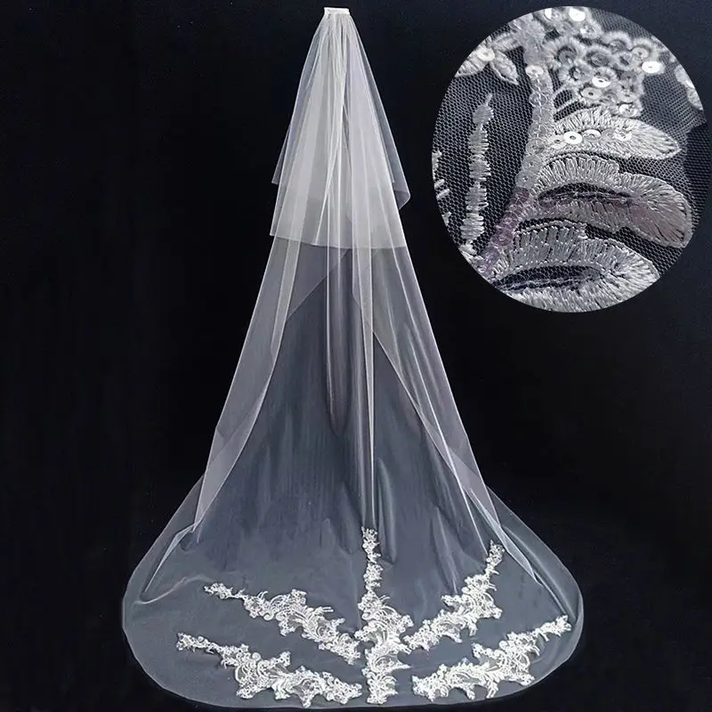 

Long 3 Meters Bridal Veil With Lace One Tier White Wedding Veil Welon Velo De Novia