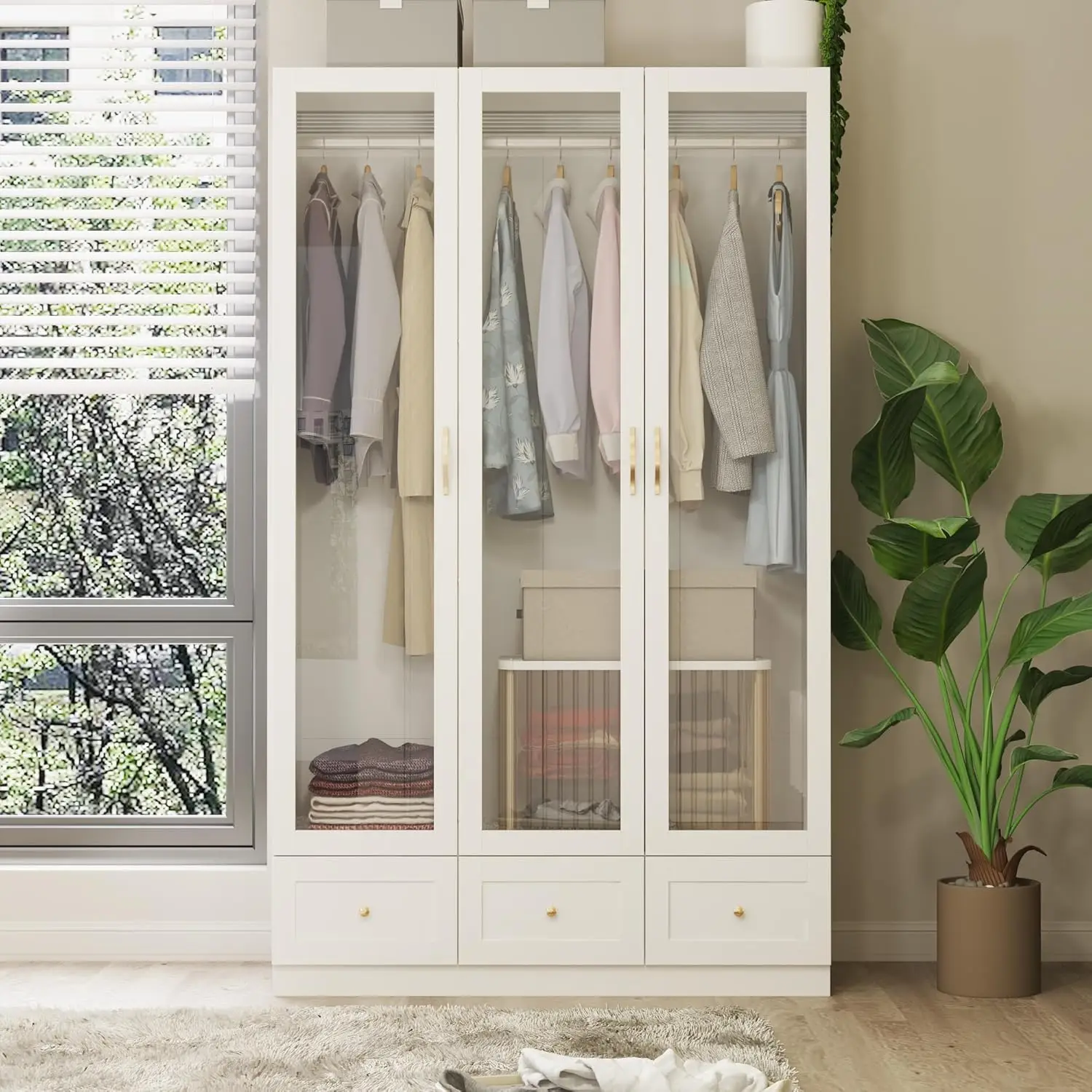 White Wardrobe Cabinet with Glass Doors, with 3 Drawers & 2 Hanging Rod, Bedroom Wardrobe Armoire, (47.2