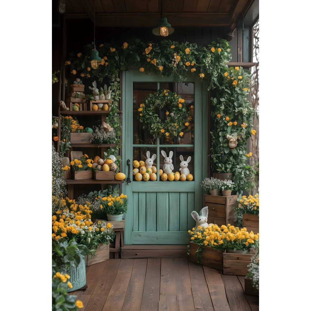 Spring Easter Photography Backdrop Garden Flower Rabbit Egg Bunny Wooden Door Floral Kids Birthday Party Background Photo Studio