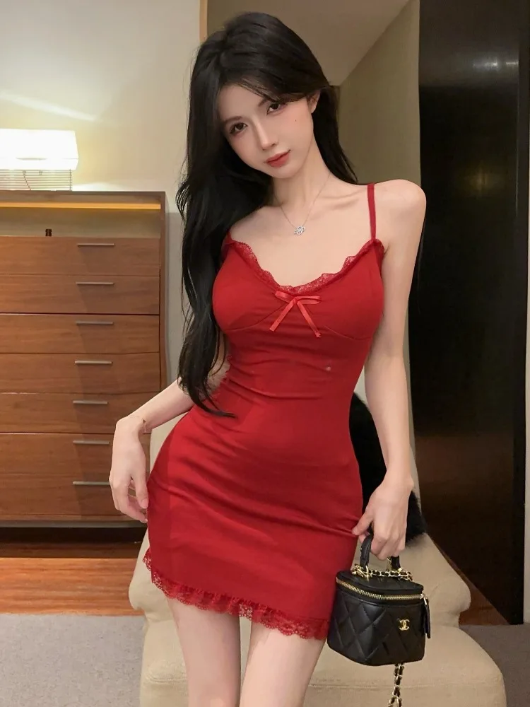 

Red Lace Halter Dress Women's Autumn Winter Sexy Pure Desire Bodycon Skirt with Chest Pad Christmas Theme Short Skirt