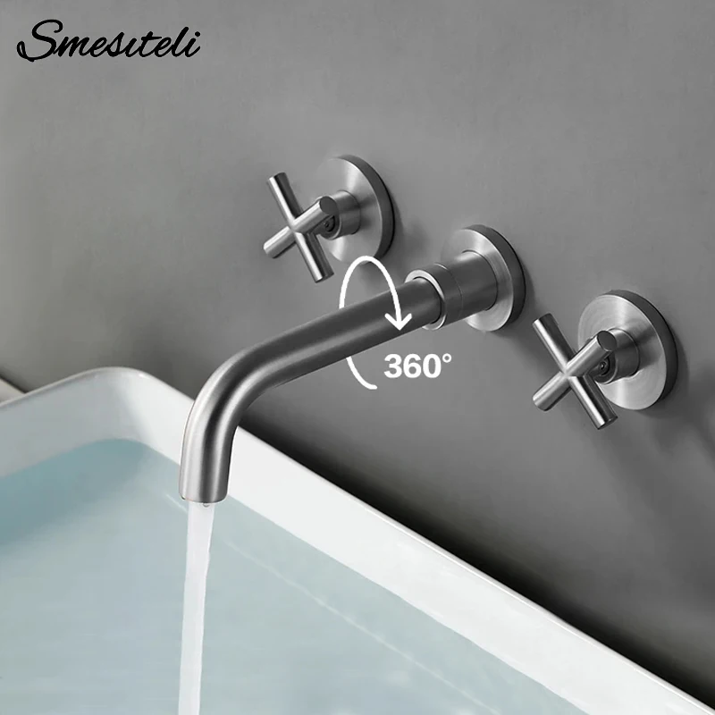 Smesiteli Moderna Doppio Manico Spazzolato Rubinetto Del Bacino Filo Tondo Superficie di Disegno Piscina Rubinetto di Acqua Calda e Fredda Rubinetti Da Bagno