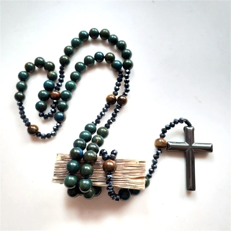 

Quality Blue Stone Rosary Necklace with for Men Nightclubs Fine Craftsmanship, Rosary Prayer Religious Necklace