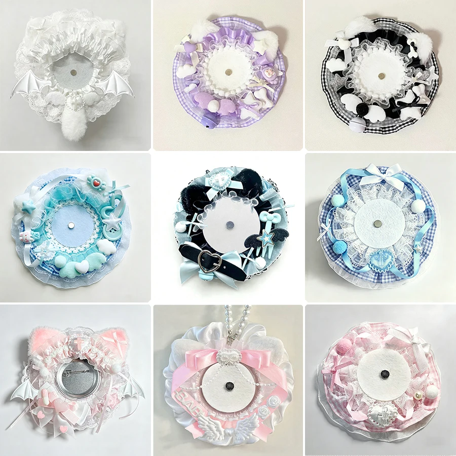 9-Color Cute and Sweet Plush Lace Round Badge Holders, Bowknot Handmade DIY Finished Products, Anime Cartoon Character Peripheral Badge Decorations, Display Badges, Otaku Fan Merchandise, Lolita Aesthetic, Ita Bag Decorations, Badge Holders, Badge Displays
