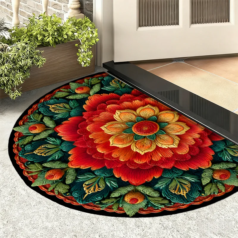 Retro Vibrant Orange Red Embossed Flower Motif Oval Commercial Door Mat Welcome Rug For Coffee Bar Restaurant Store