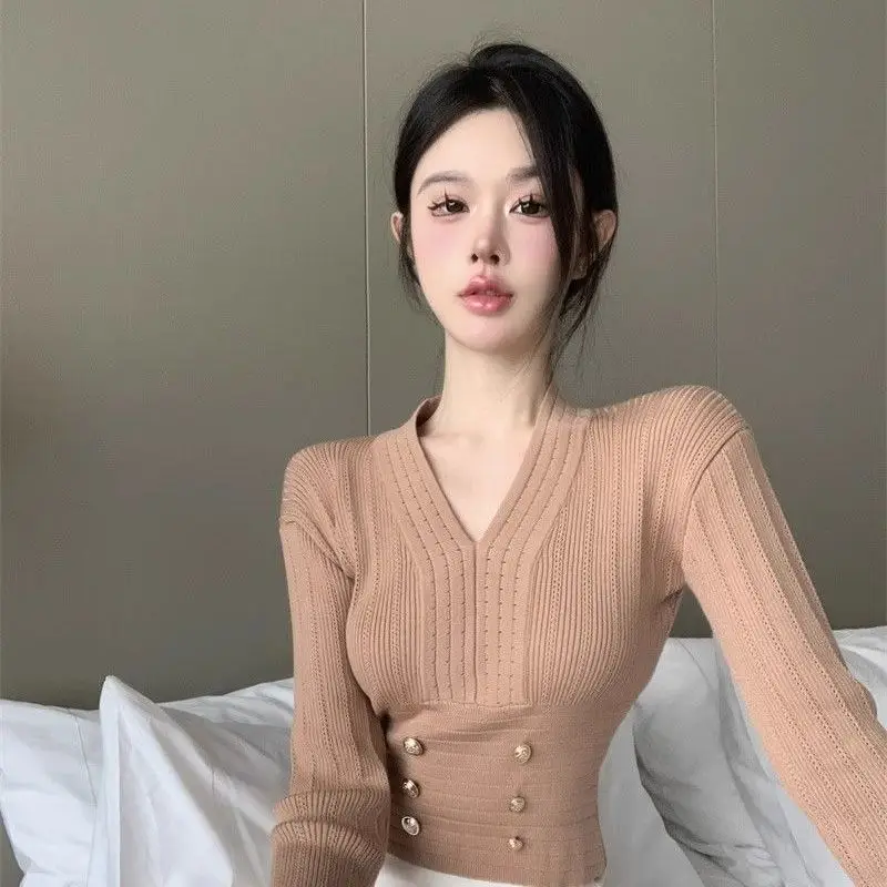 المرأة الخريف الشتاء البساطة مكتب سيدة الخامس الرقبة بلون طويلة الأكمام تريكو السيدات موضة كل مباراة مزاجه القمم