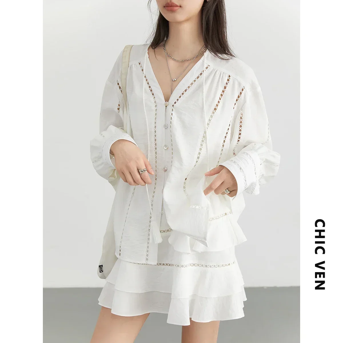 CHIC VEN Women Shirt Loose Casual V-neck Solid Hollowed Out Lace Up Woman Blouses Female Short Skirt Set Summer 2024