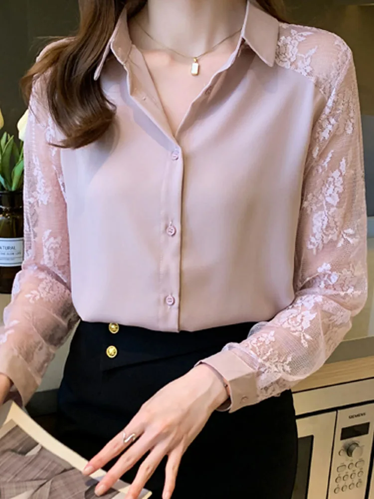 Fashion Lace Long Sleeve Chiffon Blouse Shirt Women Tops Blusas Mujer De Moda 2024 Turn Down Collar Black Pink Blouse Women G313