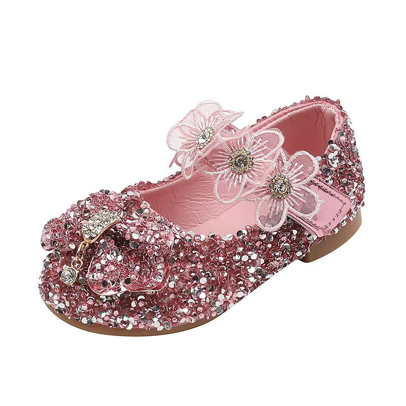 Zapatos de princesa Mary Jane para niña, calzado de moda para chicas con lazo y flor, de cristal, sencillo, para primavera y otoño, para Cuero brillante