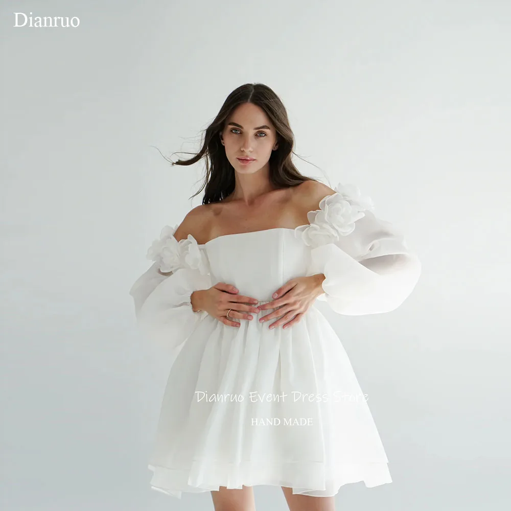 

Dianruo 3D Appliques Puffed Long Sleeves Wedding Dress Mini Length Prom Dress Delicate Off Shoulder Homecoming Dress Customized