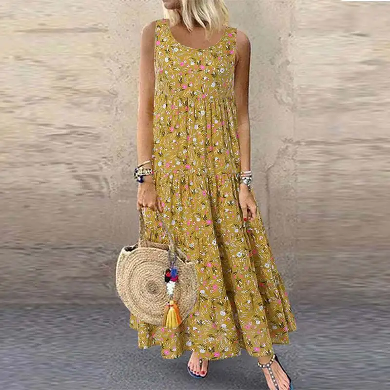 Vestido largo con estampado Floral para verano, traje holgado de manga corta con cuello redondo, estilo Retro bohemio, para fiesta y playa