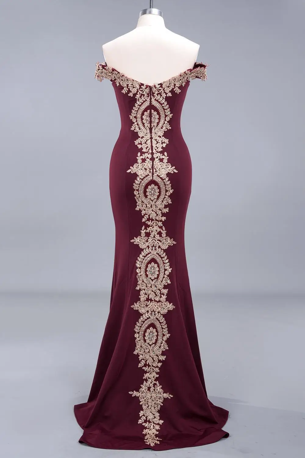 Mermaid Satin Evening Dresses Burgundy Long Lace Open Back Gold Lace Formal Party Prom Gowns Fashion Clothing Vestidos De Festa