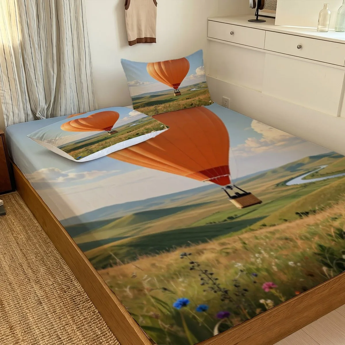 Pastoral Style Heart-Shaped Hot Air Balloon Grassland Flower Landscape Design, Perfect Gift, Three-Piece Bedding Set (Includes 1 Fitted Sheet + 2 Pillowcases), Large Capacity Deep Bedding Set, Fitted Sheet Style, Elastic Cover, Mattress Protector, Fitted Sheet Type, Machine Washable Design, Holiday Decoration, Various Sizes, Breathable Protector with Pillowcase