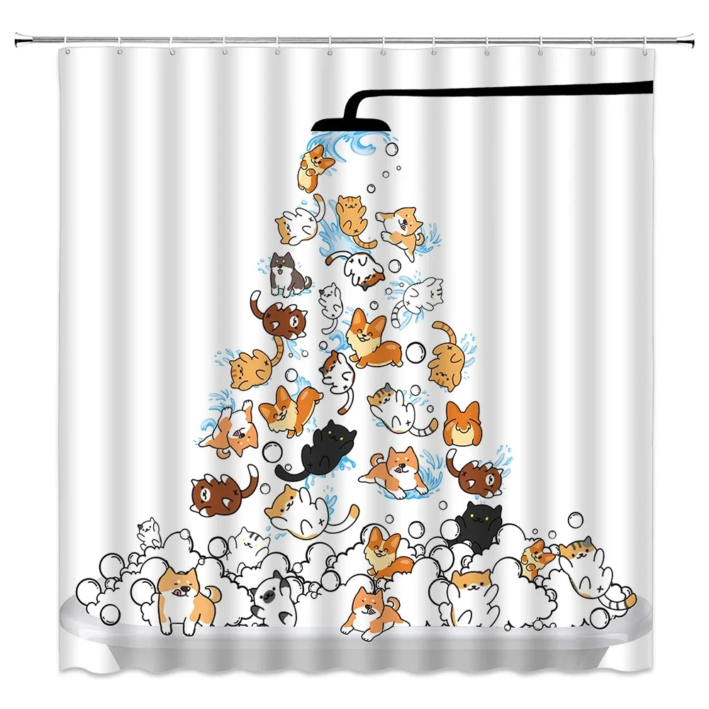 Animal Shower Curtain, Cartoon Cat Dog Bathtub Shower Cute Kids Boys Girls Bathroom Decorative Shower Curtains