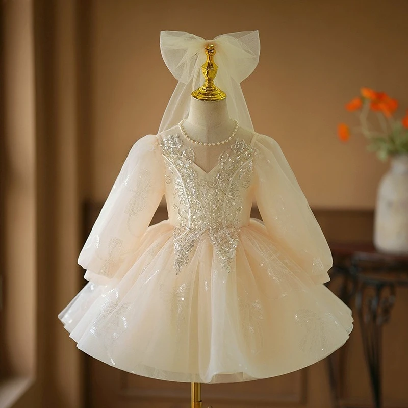 

Baby Girls Princess Flower Girl Dress Puffy Tulle Ball Gown Children First Birthday Wedding Host Performance Celebration Kids