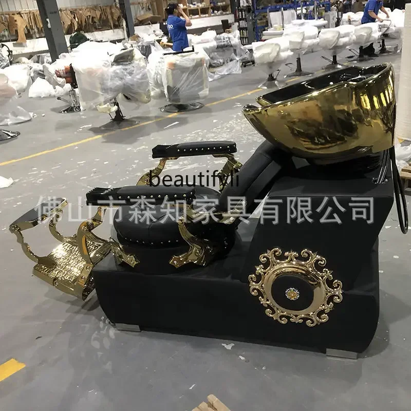 Barber shop shampoo bed, special gold ceramic basin for hair salon, half-lying American shampoo bed for hair salon