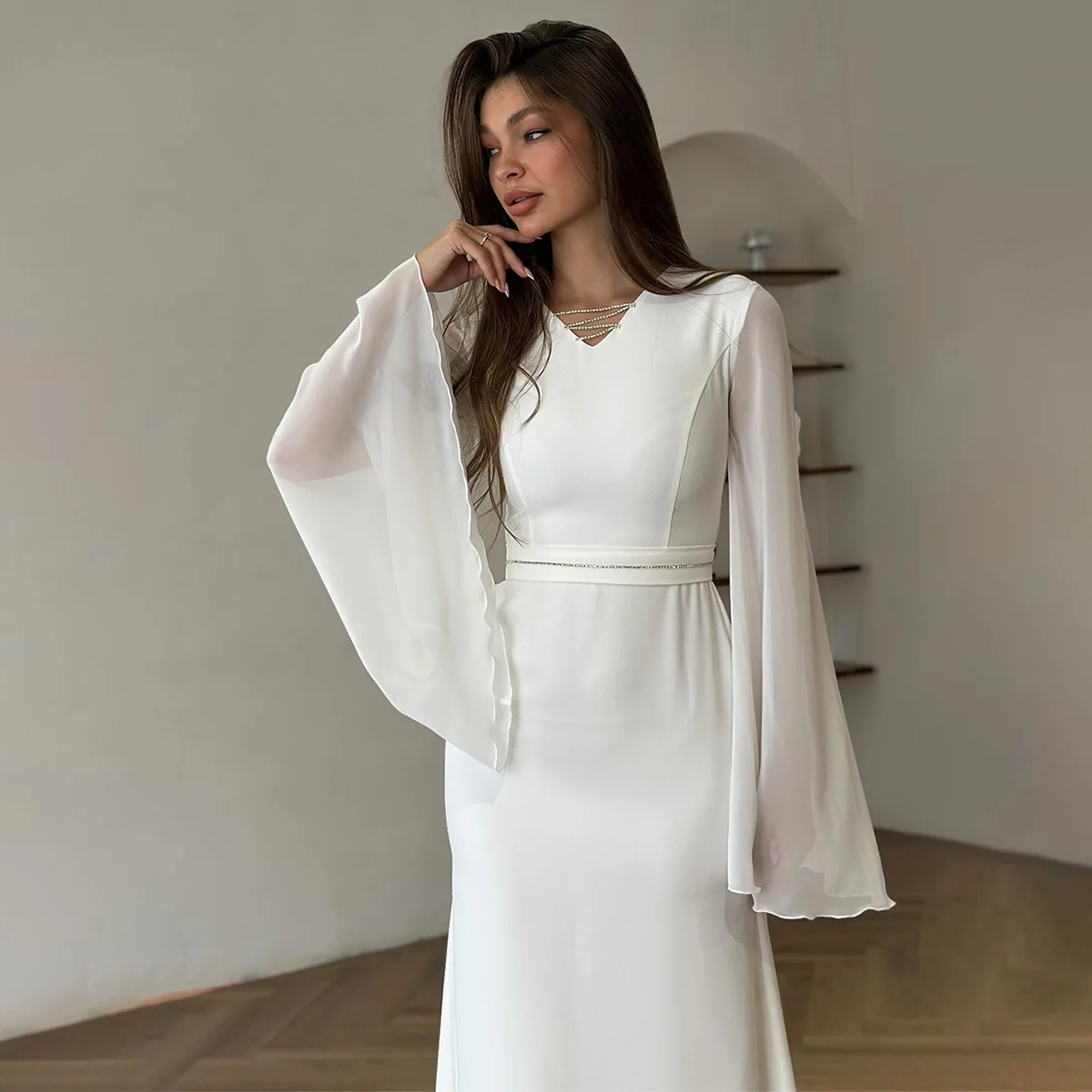 V-neck Long Sleeves Muslim Dress Solid Color Slim Islamic Clothing Muslim Woman Casual Dubai Abayas Turk Modest Kaftan Vestidos