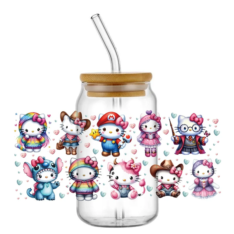 

popular Cartoon Kitty Mix patterns 16OZ UV DTF Cup Wraps For Glass Libbey Can Bottle Selfadhesive Washable DIY Custom sticker