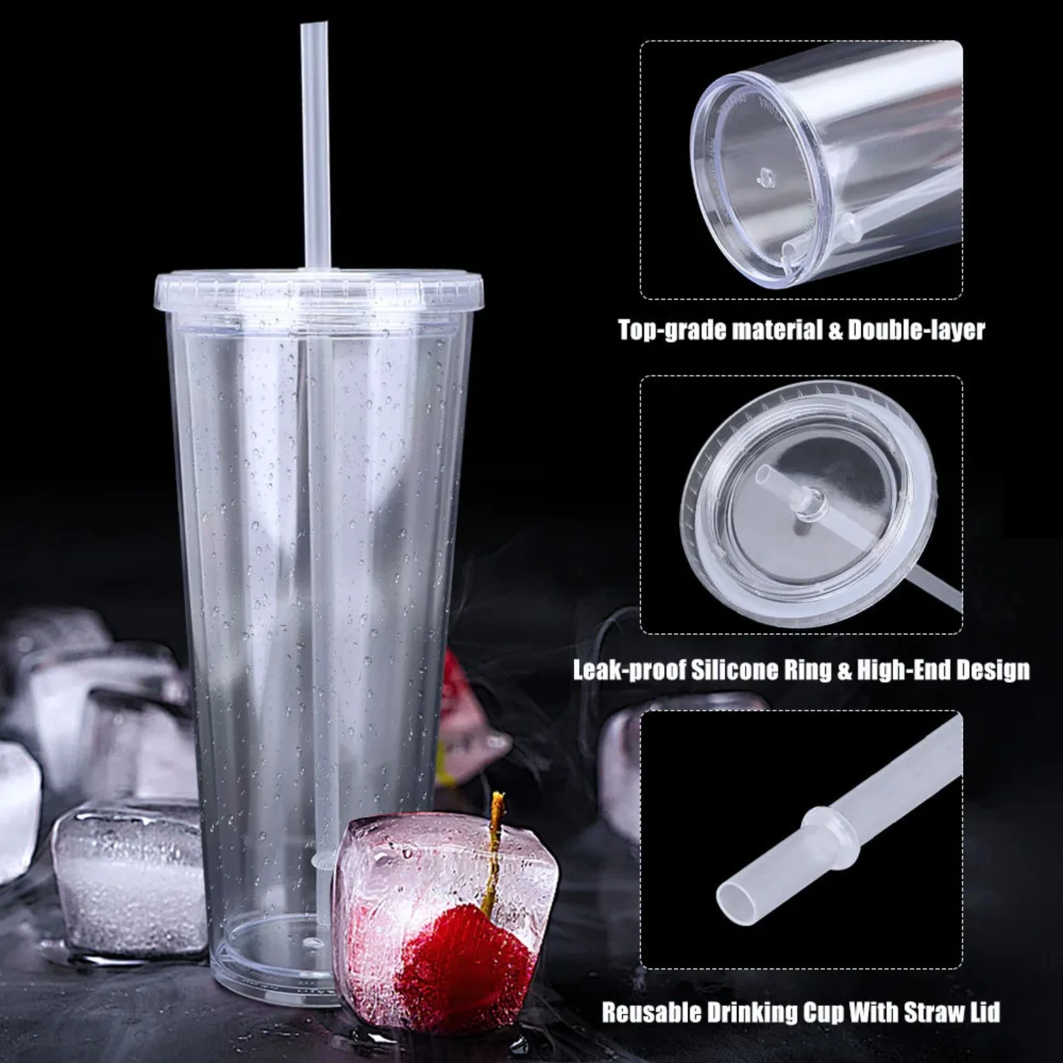 Straw Cup With Lid Double-layer Reusable Drinking Cup Plastic Tumbler Transparent Tea Fruit Coffee Mugs DIY Water Bottle