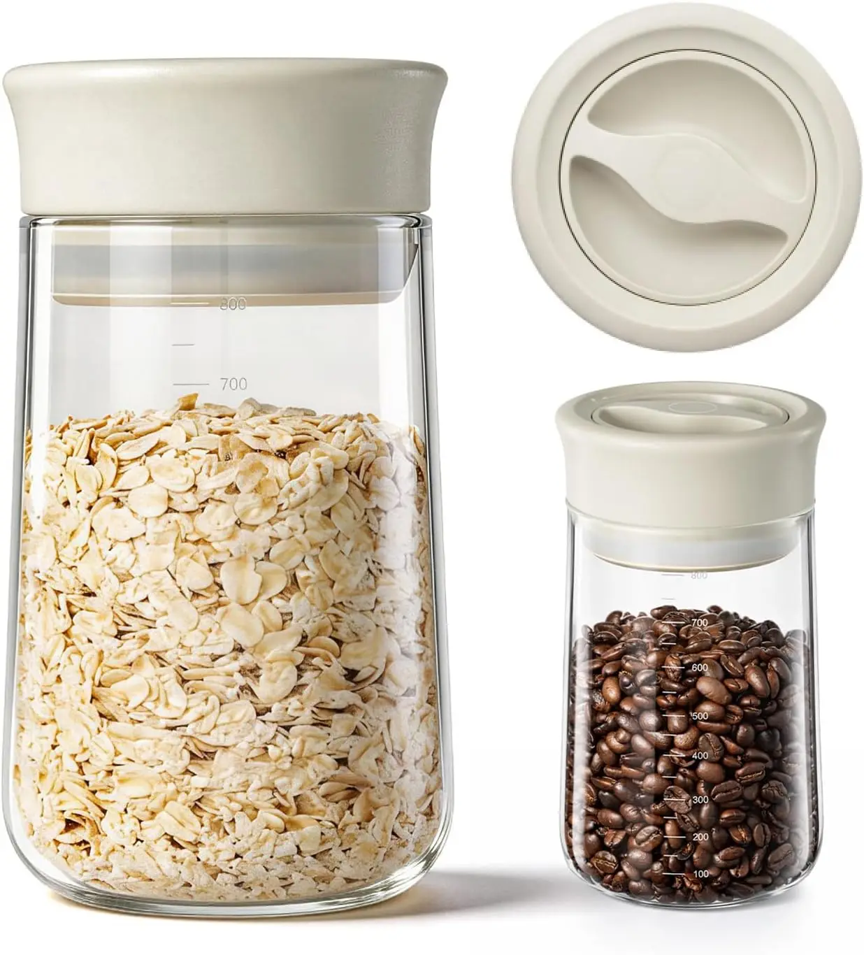 Upgraded Rotary Airtight Glass Jar with Lid, Borosilicate Coffee Storage Container, 800ml/27oz Stackable Pantry Organizer for Coffee Beans Grounds, Pasta, Flour, Nuts, Sugar, Candy, Snack