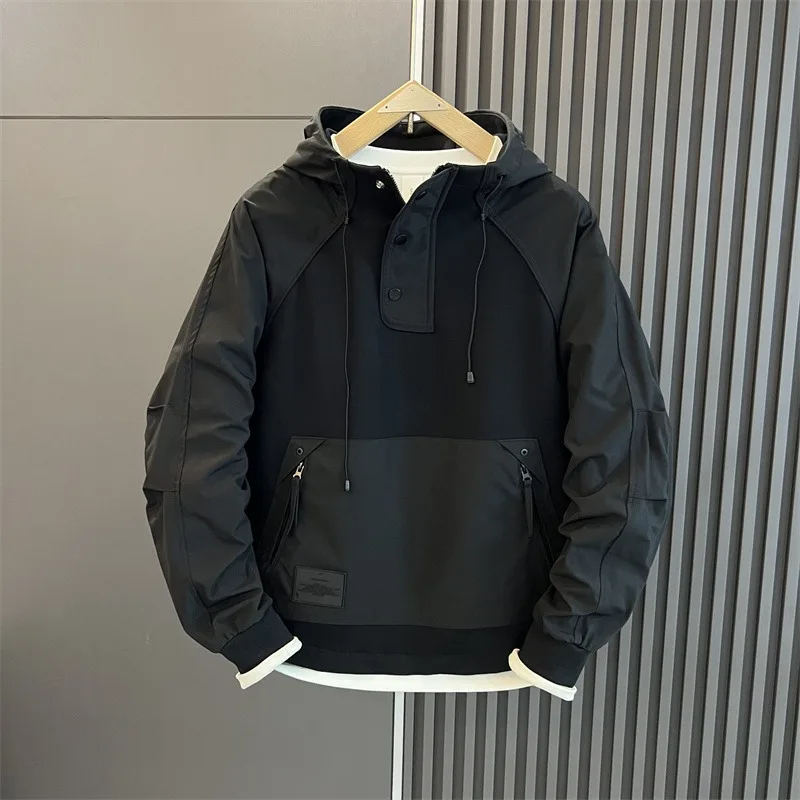 Men Spring Autumn Solid Color Half Zip Hooded Pullover Jacket, Korean Style Trendy Big Pocket Cargo Casual Outdoor Sweatshirt