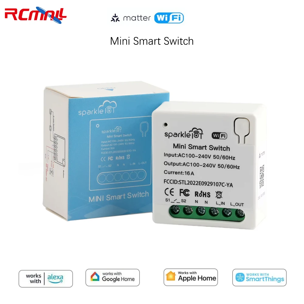 RCmall Matter 16A WiFi mini Smart Switch Pass-through Disconnect Dual Control Outletorks Remote Control Timer