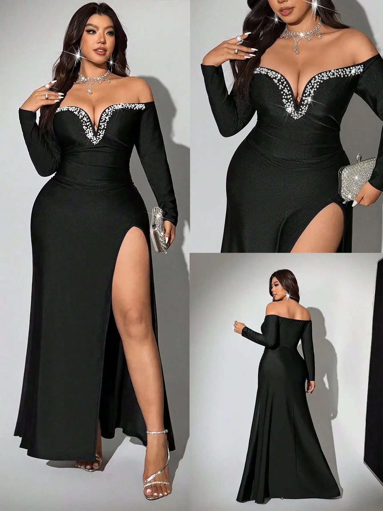 

Черное вечернее платье с открытыми плечами, V-образным вырезом, бисерной отделкой, длинными рукавами и разрезом спереди