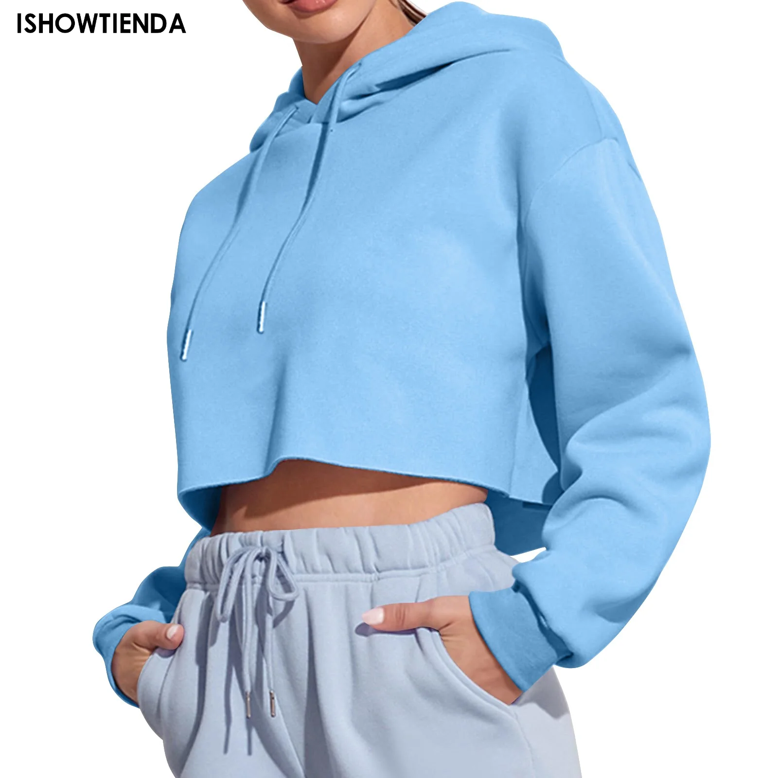 Print Hoodies Women Autumn Harajuku Casual Short Sweatshirt Blue Drawstring Hooded Pullover Top Ropa De Mujer Sudaderas Худи