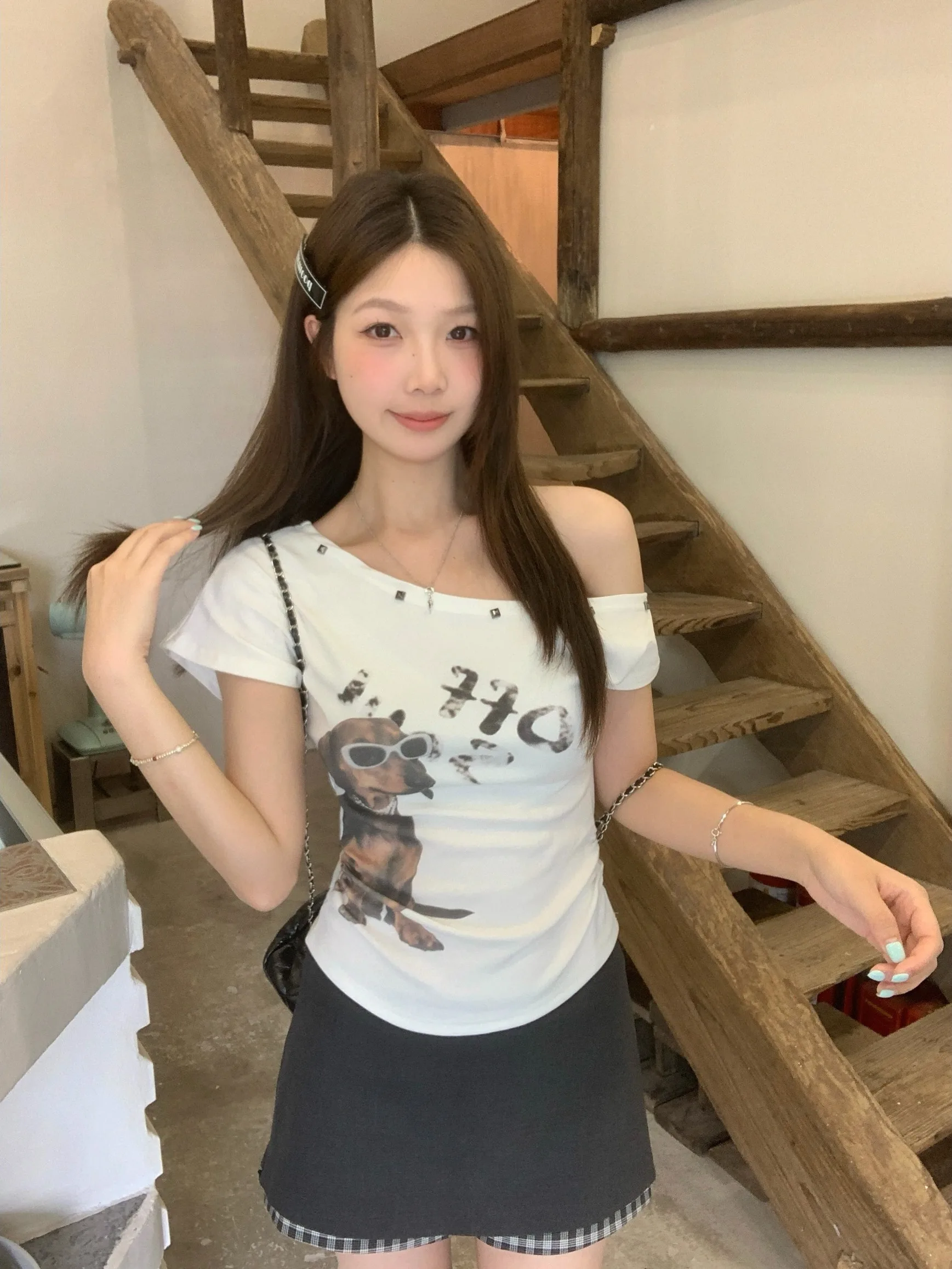 

plus Size American Retro Short Sleeve T-Shirt Women's Slimming Design Sensation Shoulder Drape Folded Summer New Style Top