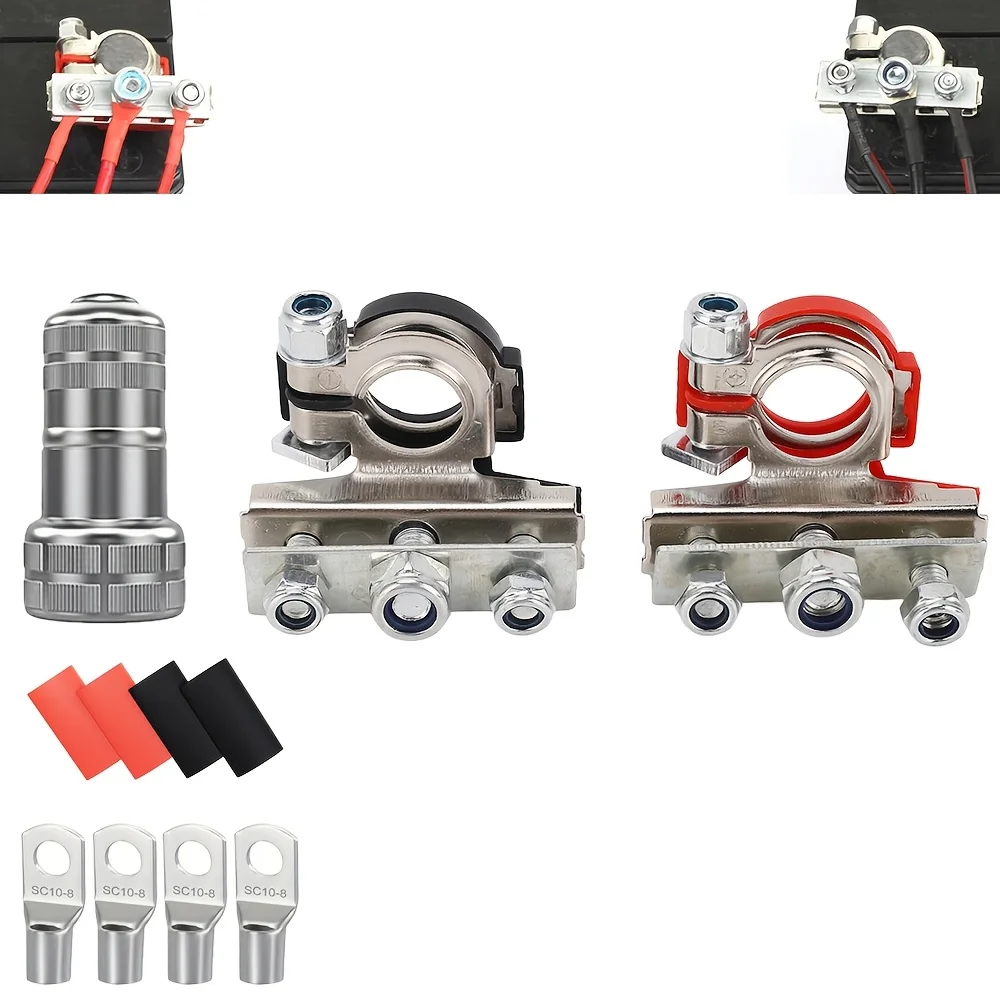 4-Way Quick Release Battery Terminal Clamps Kit Universal with Heat Shrink& Lugs for Car Truck RV Boat Electrical Connector set