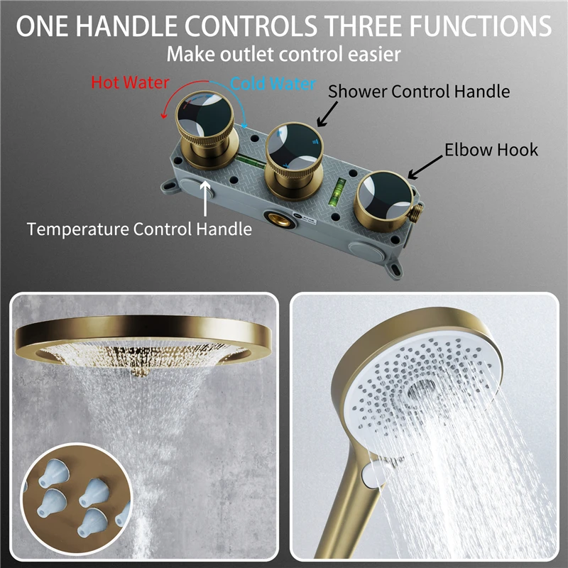 Beyoon Brass Brushed Gold Triple Handle Wall Mount Hot/Cold Water Bathroom Shower Faucet Set 20-Inch Rain Shower Head view 3