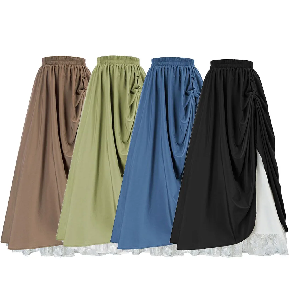 

Gothic Maxi Skirts Victorian Renaissance Costume Floral Lace Trim Roll Tab Ruched Layered Two Tone A Line Skirt