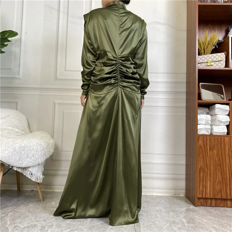 Eid femmes col roulé Robe Maxi musulman Abaya plissé dubaï Abaya turquie caftan Robe en Satin robes Femme Musulmane Jalabiya Robe