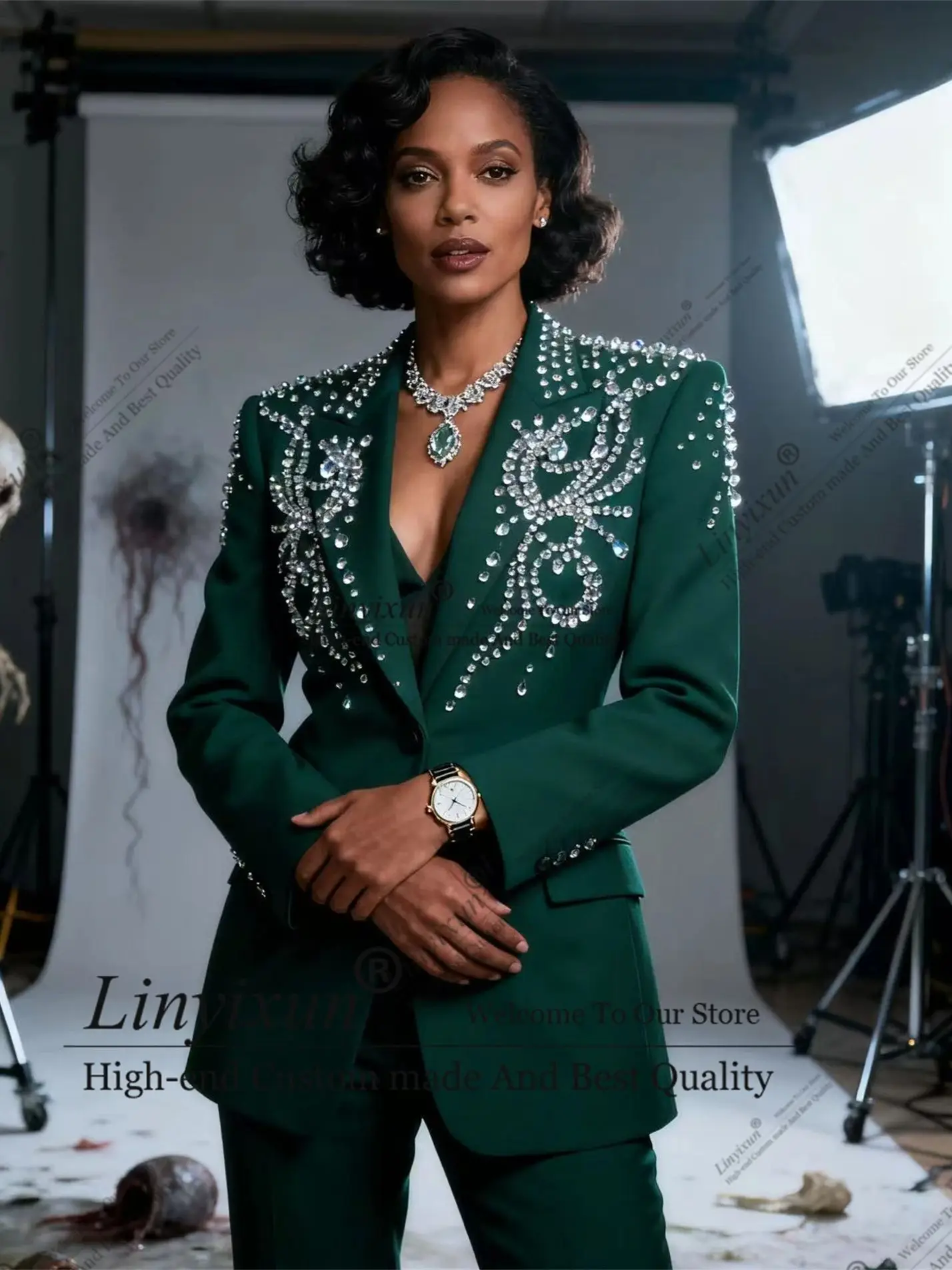 

Формальный стиль, стразы, индивидуальный женский костюм из трех предметов, тонкий роскошный женский костюм с бриллиантами, брюки