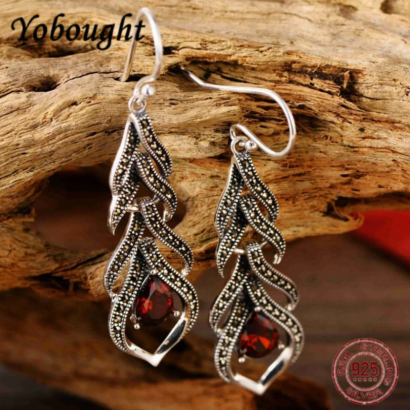 

Ювелирные изделия ручной работы из стерлингового серебра 925 пробы, винтажные женские длинные серьги-подвески с красным гранатом/черным агатом и хвостом Феникса